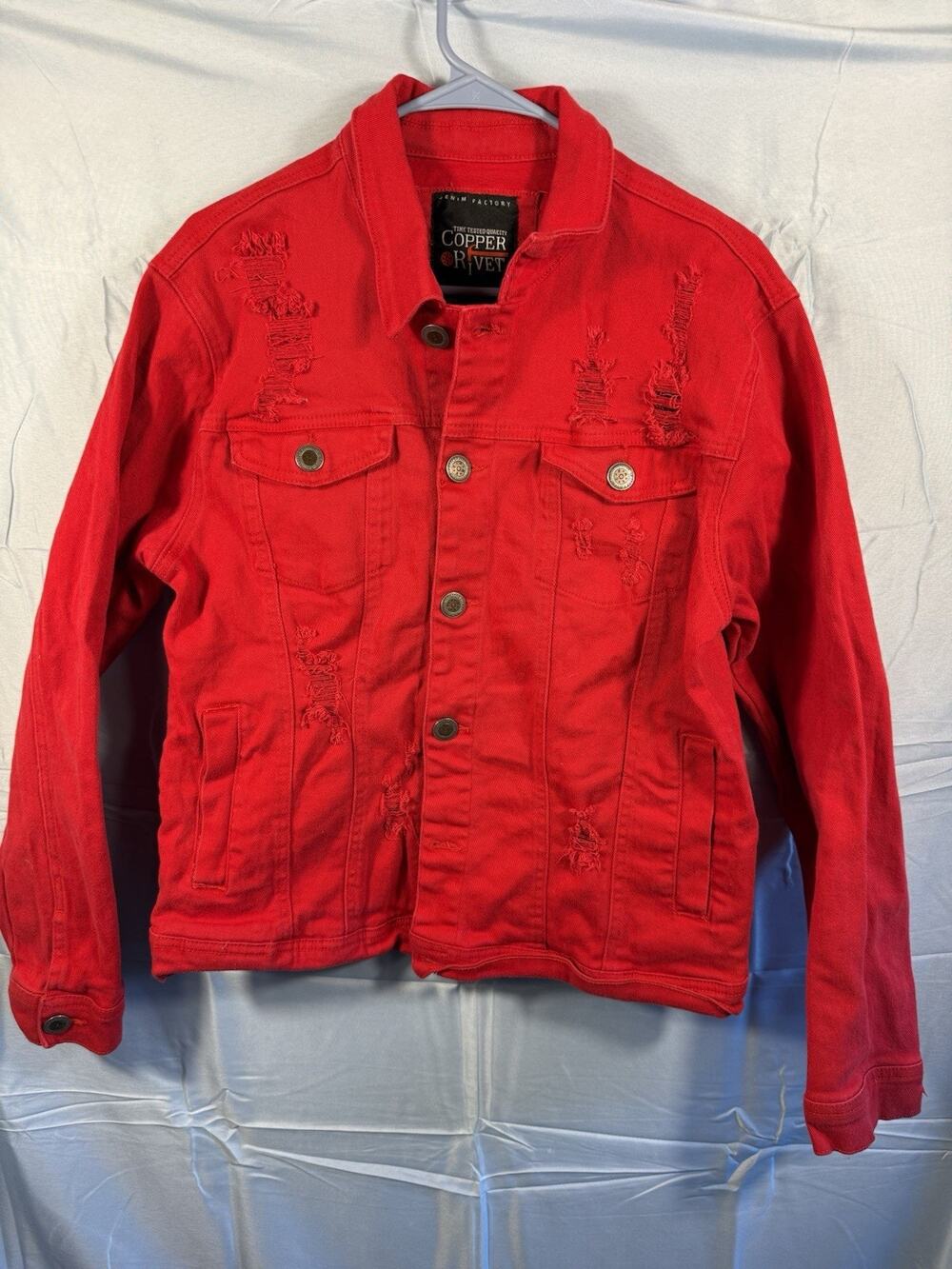 Copper Rivet Men's L Red Distressed Denim Trucker Jacket Ripped
